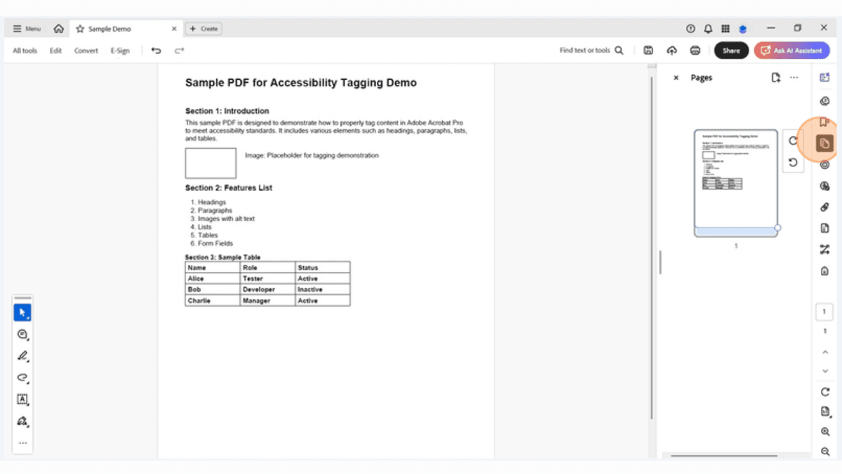 Preview of a sample tagged PDF in Adobe Acrobat, showing form fields, headings, lists, and a data table.