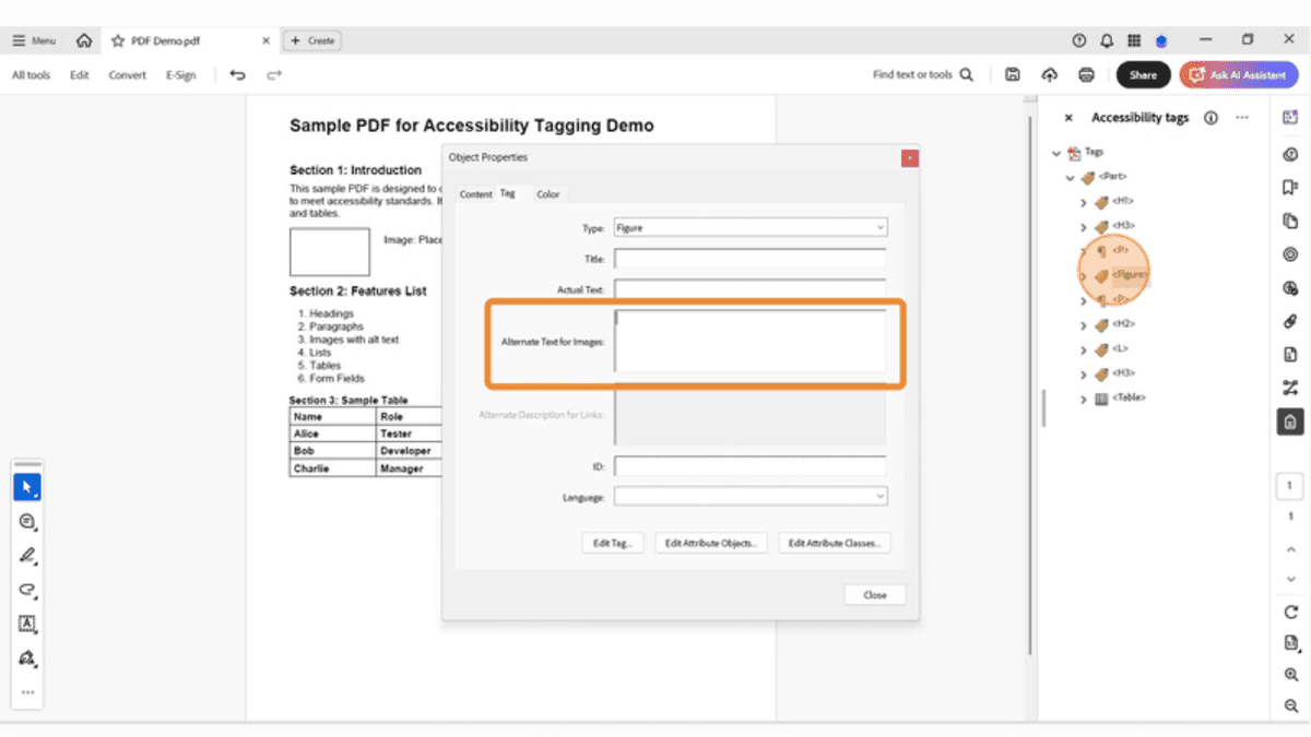 Table Editor in Adobe Acrobat showing how to define header scope for rows and columns in an accessible table.