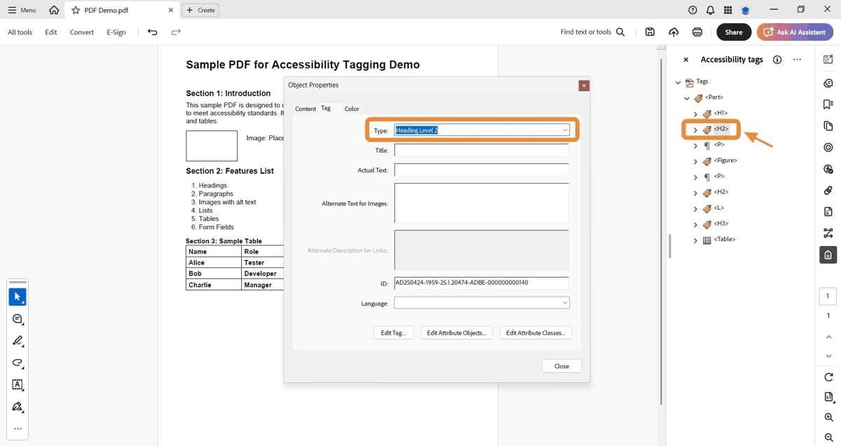 Heading tag set to Heading Level 2 in Object Properties.