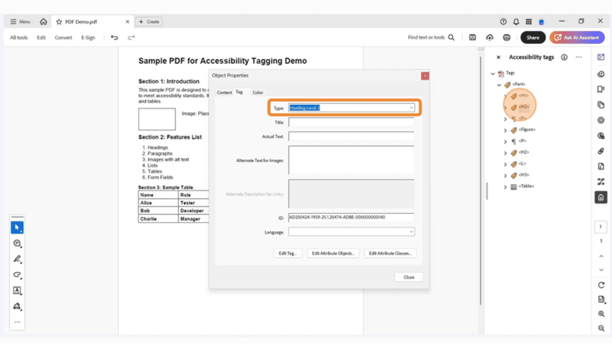 Image tag properties in Adobe Acrobat with an alt text field being filled in for accessibility compliance.