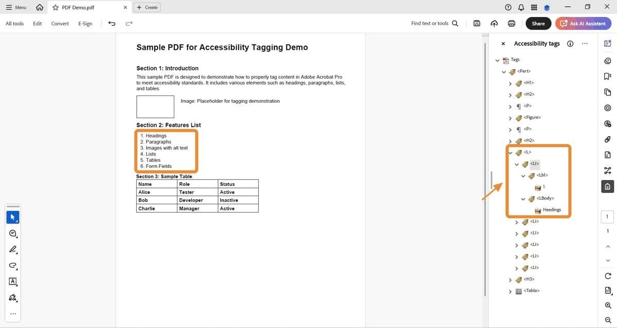 Numbered list highlighted with corresponding list structure in Tags panel.