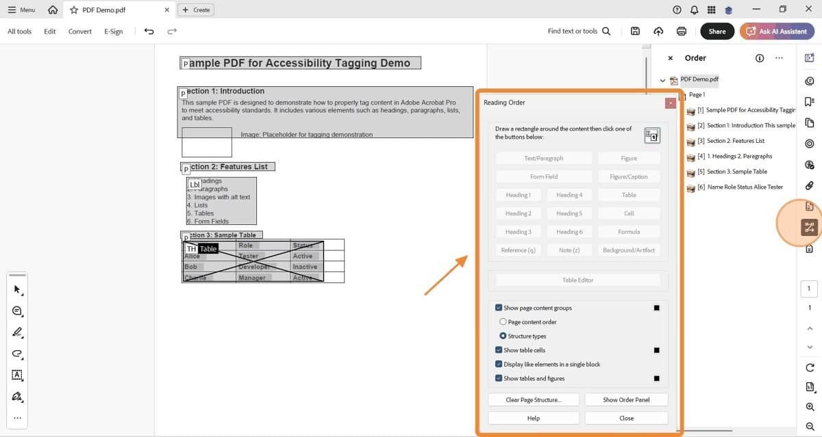 Reading Order panel with content blocks outlined and roles assigned.