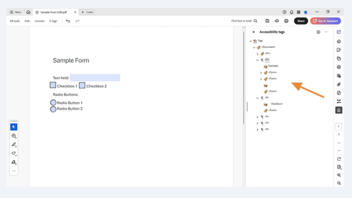 Acrobat Pro tags panel showing multiple form fields correctly nested for accessibility compliance.