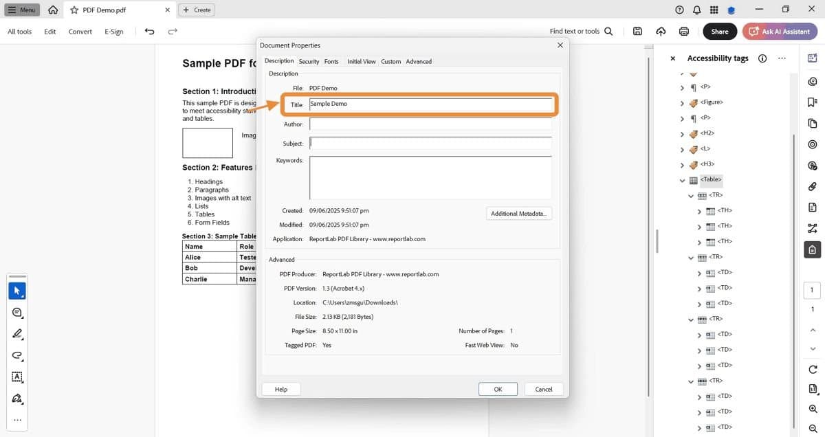 Document Properties with Title field highlighted.