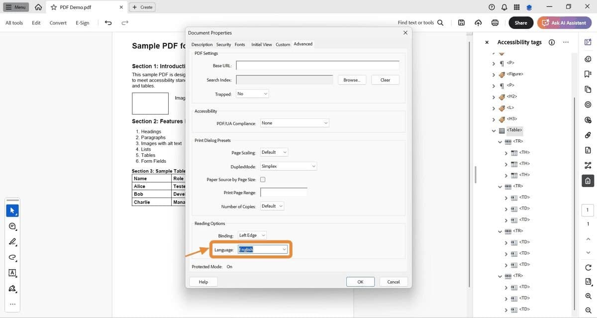 Document Properties Advanced tab with Language field set.