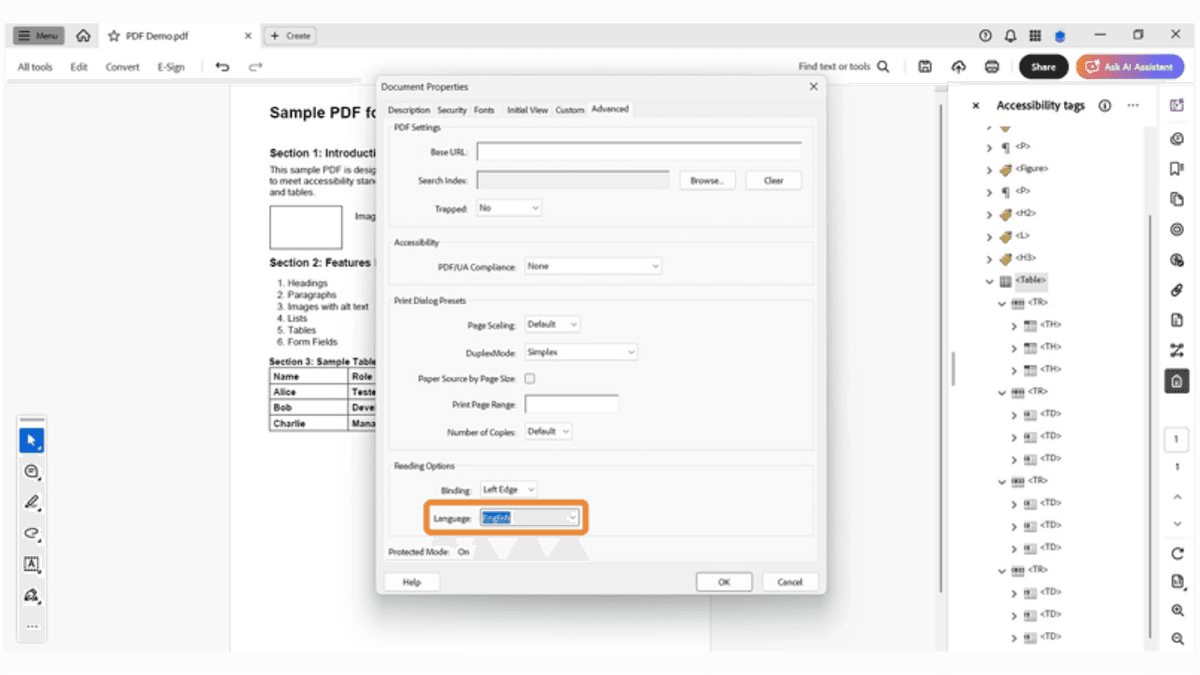 Example of an untagged PDF structure with no semantic order, highlighting a failed accessibility setup.