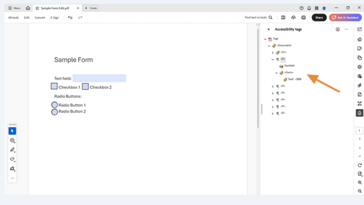 Right-click menu in Acrobat Pro with Properties highlighted to access form field settings for accessibility tagging.
