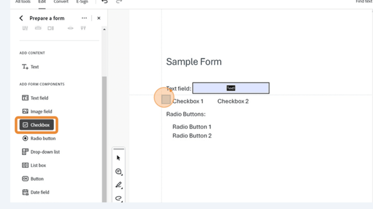 Checkbox field selected in Acrobat Pro with sample form showing labeled checkboxes and radio buttons.