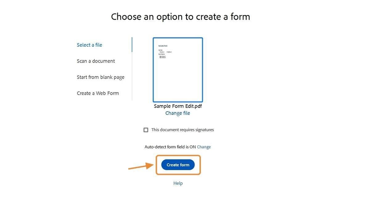 Create form screen with the selected PDF and Create form button highlighted.