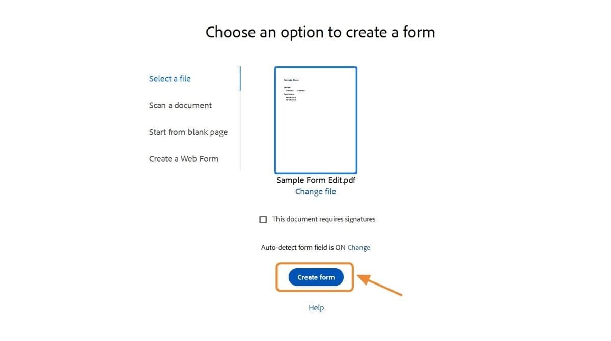 Create form dialog with selected PDF and Create form button highlighted.
