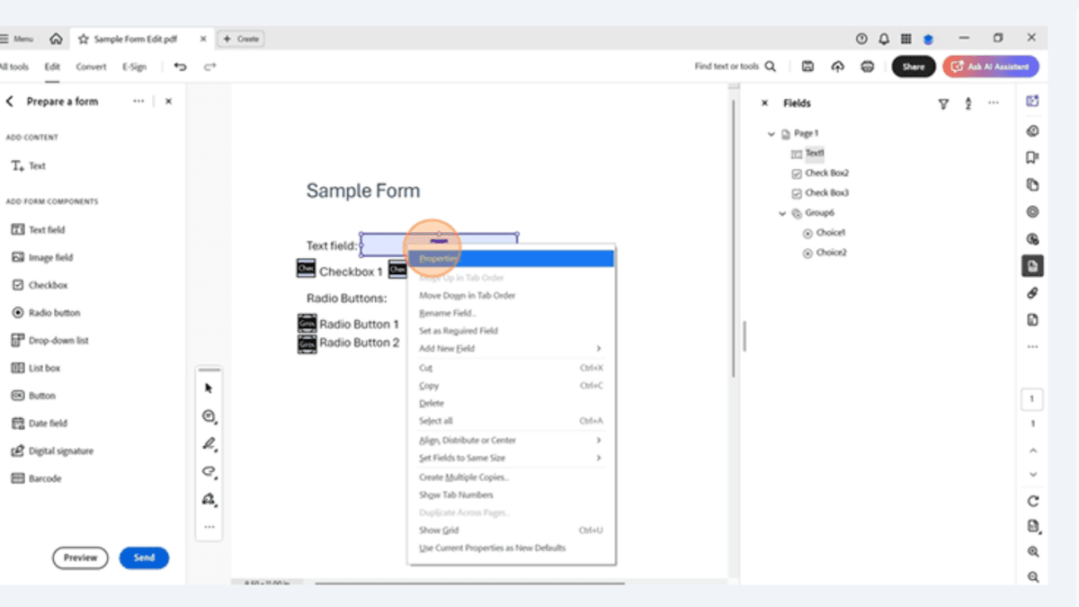 Right-click menu on text field in Acrobat Pro with Properties option selected for form customization.