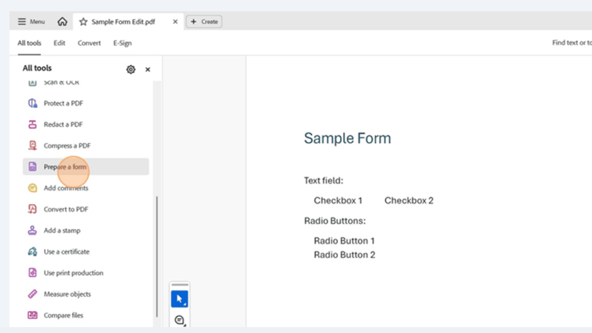 Acrobat Pro showing &ldquo;Prepare a form&rdquo; tool selected, with sample form on screen containing text field, checkboxes, and radio buttons.