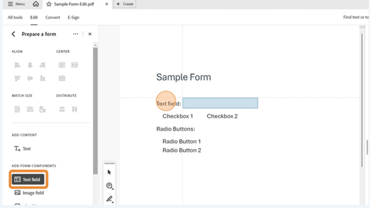 Text field being added in Acrobat Pro with sample form showing radio buttons and checkboxes.