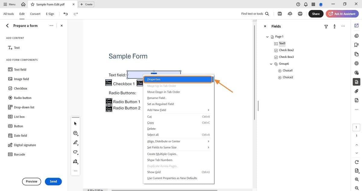 Screenshot of Adobe Acrobat Pro showing the &ldquo;Prepare Form&rdquo; workspace. The user right-clicks a text field and selects Properties from the dropdown menu, highlighted with an orange arrow.