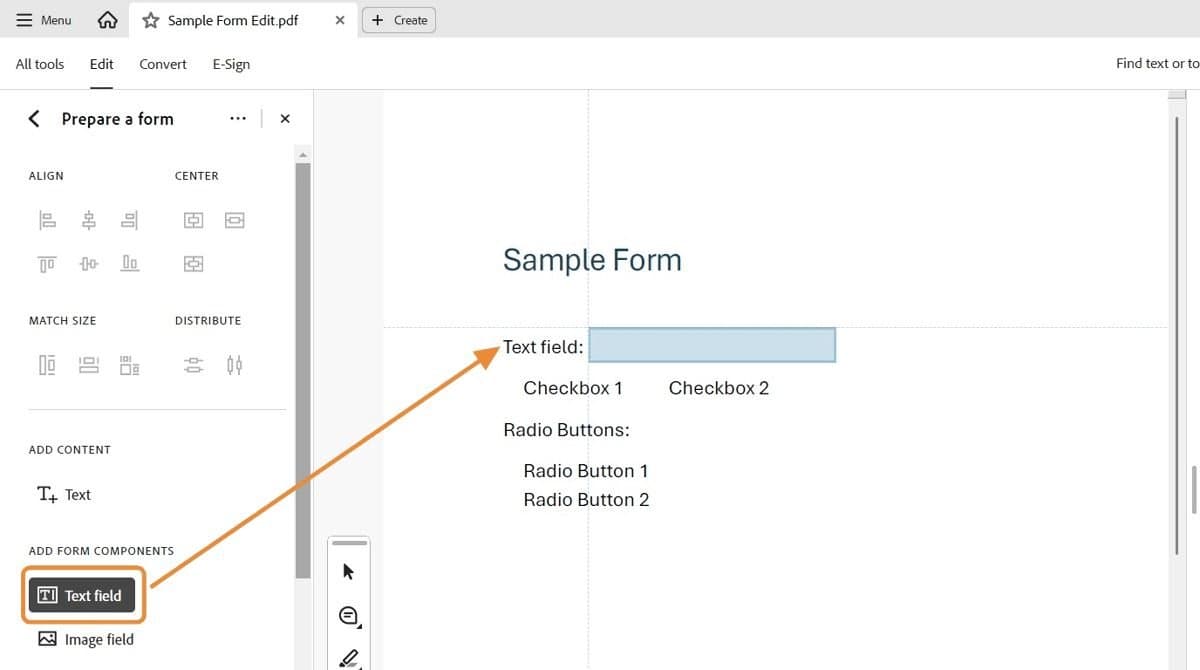 Form editing view with a text field added next to the Text field label.