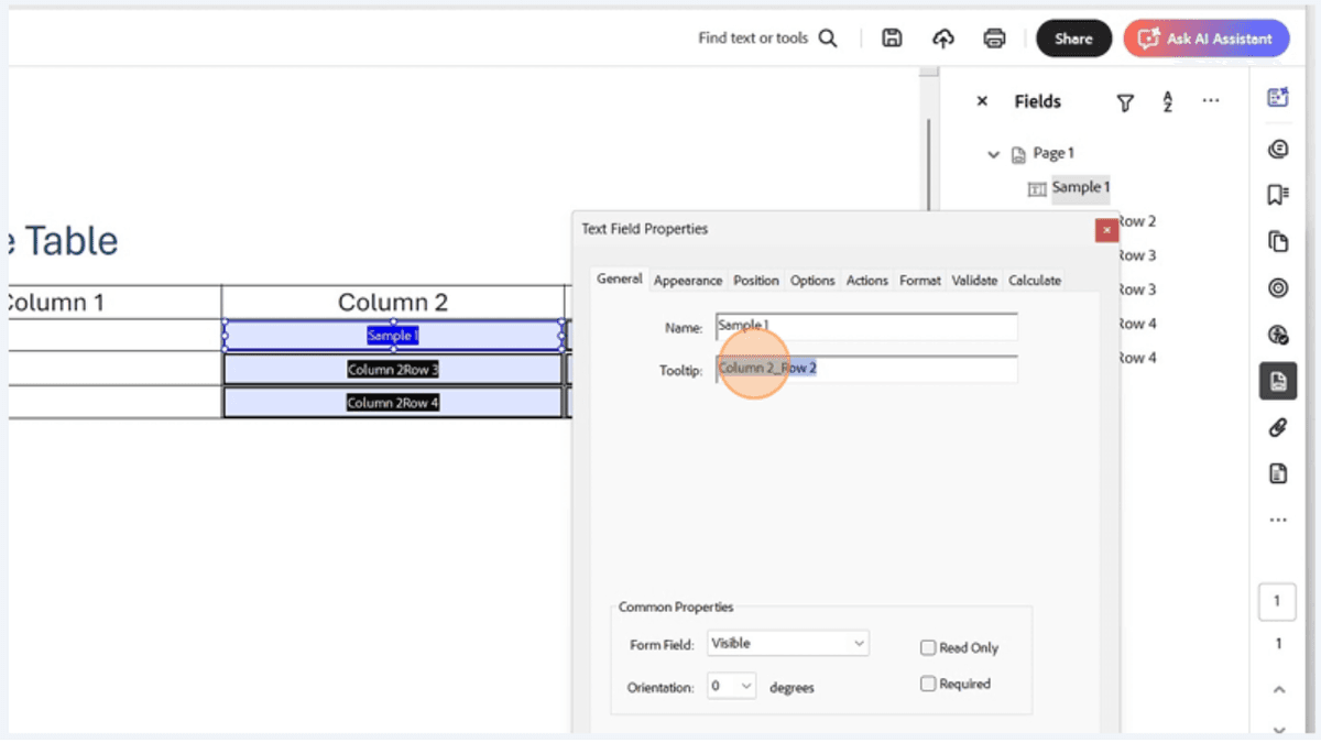 Right-click menu in Adobe Acrobat Pro showing Properties option selected to edit form field accessibility properties inside a PDF table.