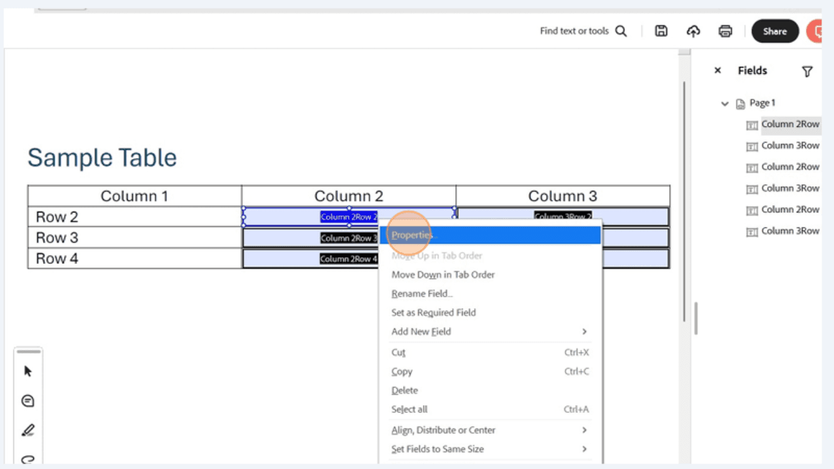 Adobe Acrobat Pro showing Text Field Properties window with tooltip and field name being added to improve screen reader accessibility for table form fields.
