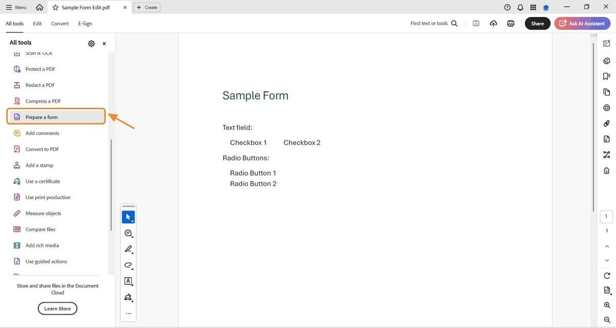 Screenshot of Adobe Acrobat Pro showing the &ldquo;Prepare a form&rdquo; tool highlighted in the left toolbar with an orange box and arrow. The screen displays a sample PDF form containing text fields, checkboxes, and radio buttons under the heading &ldquo;Sample Form.&rdquo;