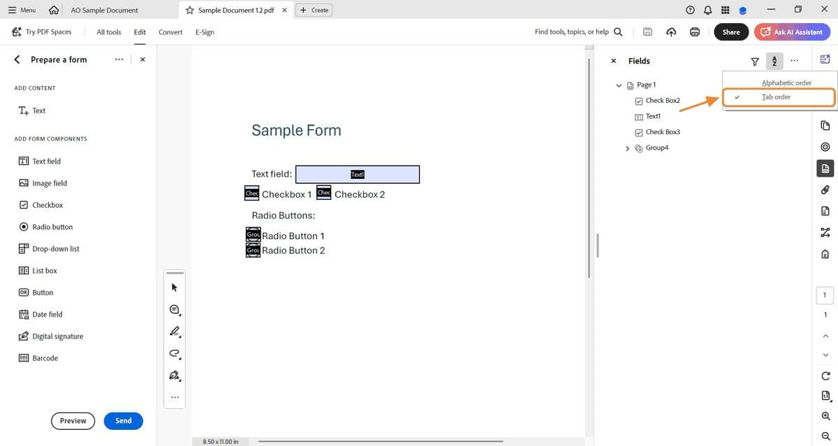 Tab order panel open on the right in Prepare Form mode.