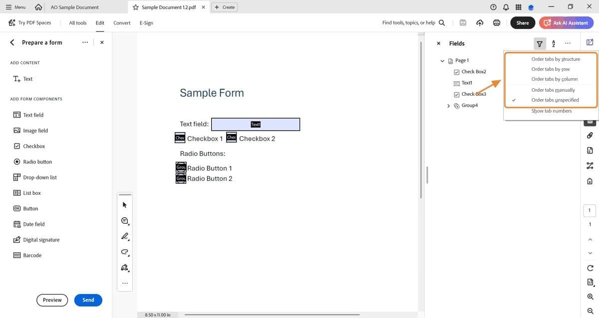 Tab order options menu with multiple choices including by structure, by row, and manual.