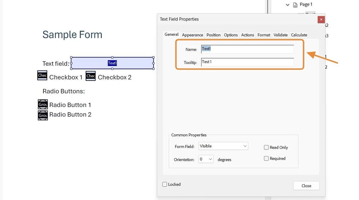 Text Field Properties window with Name and Tooltip fields.