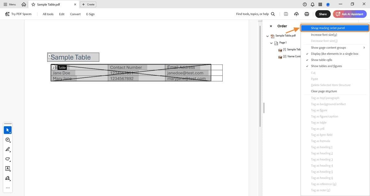 Screenshot of Adobe Acrobat Pro showing the Order panel open with &ldquo;Show reading order panel&rdquo; highlighted, demonstrating how to check and confirm a table&rsquo;s reading sequence for accessibility.