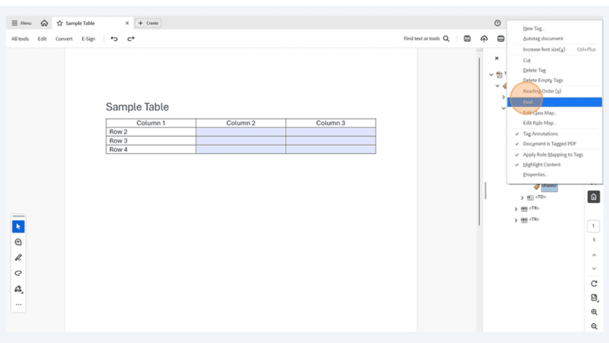 Adobe Acrobat Pro Tags panel with New Tag option highlighted to manually add accessibility tags for form fields in a PDF table.