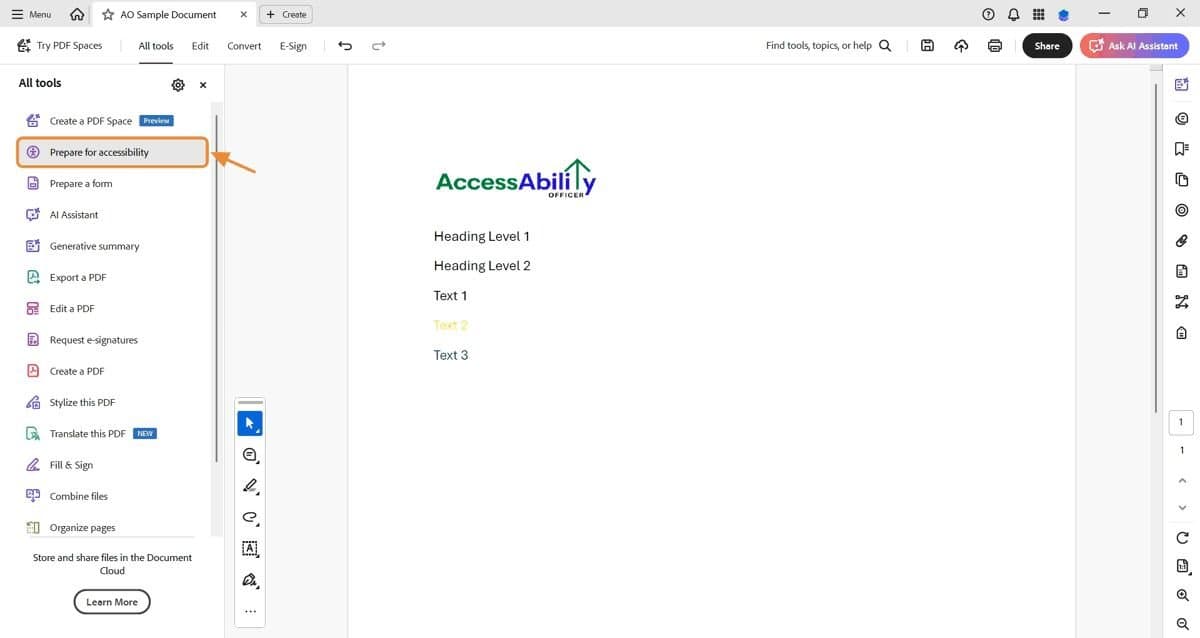 Screenshot of Adobe Acrobat Pro DC highlighting &ldquo;Prepare for accessibility&rdquo; in the left-hand menu. Shows the path to access Acrobat&rsquo;s accessibility tools used for ADA Title II compliance checks.