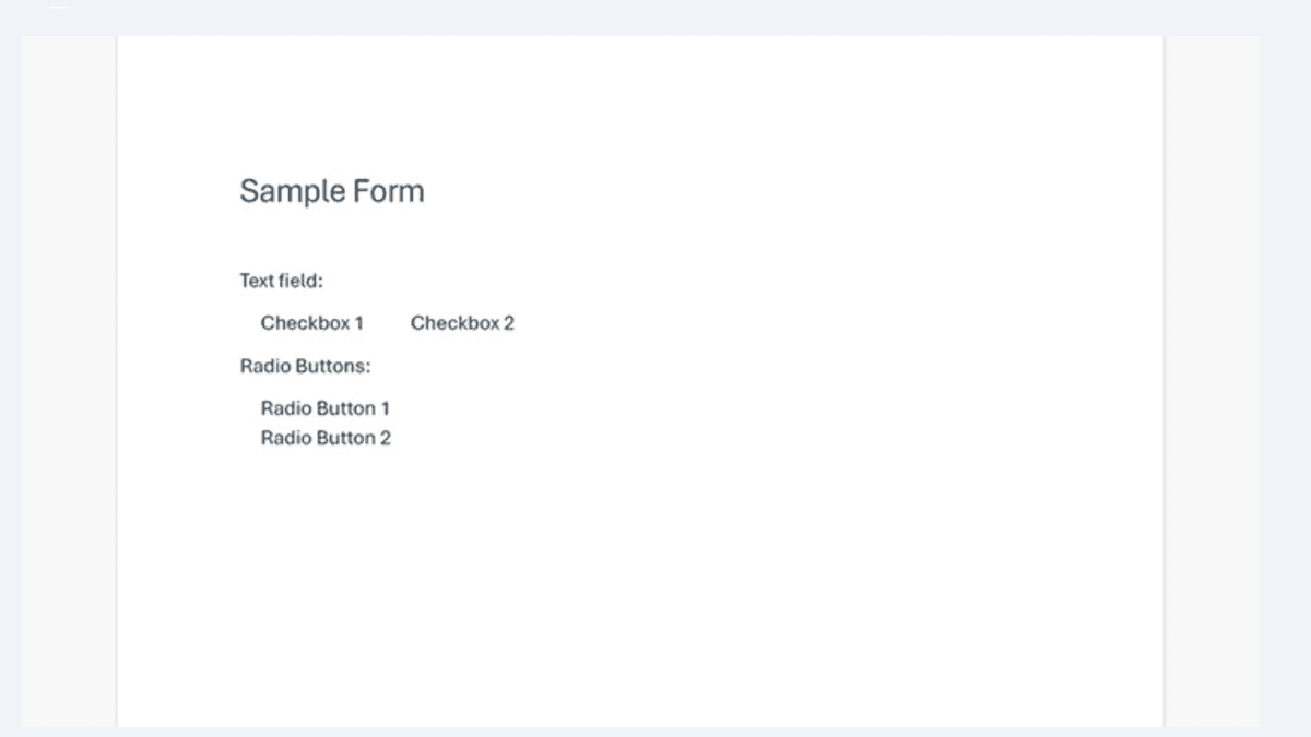 Acrobat Pro screen with sample PDF form showing text fields and checkboxes for accessibility setup.
