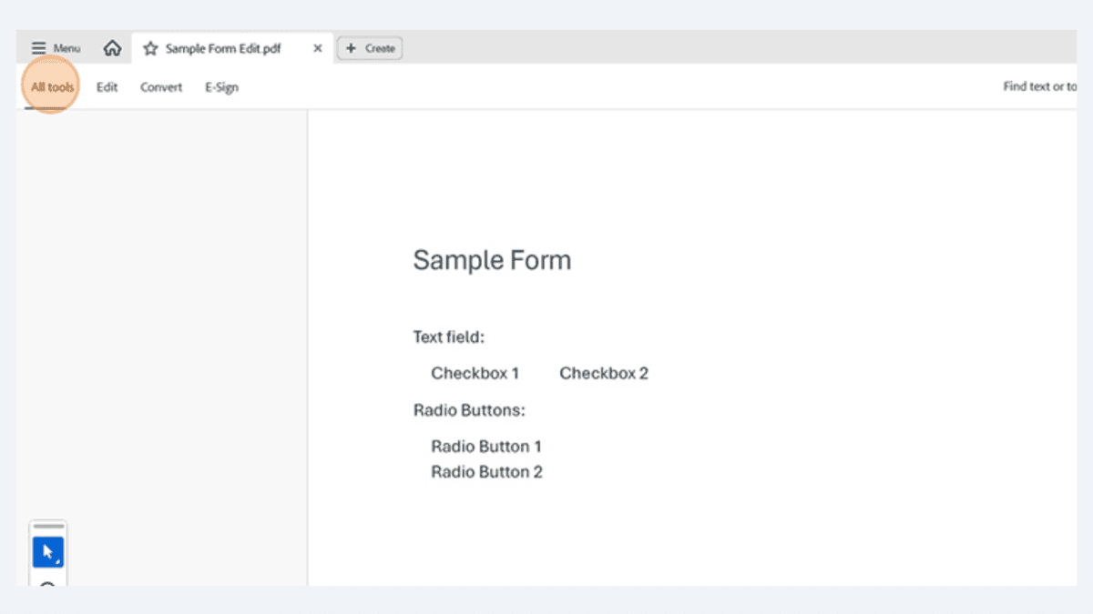Acrobat Pro interface showing where to access the &ldquo;Prepare a form&rdquo; tool.