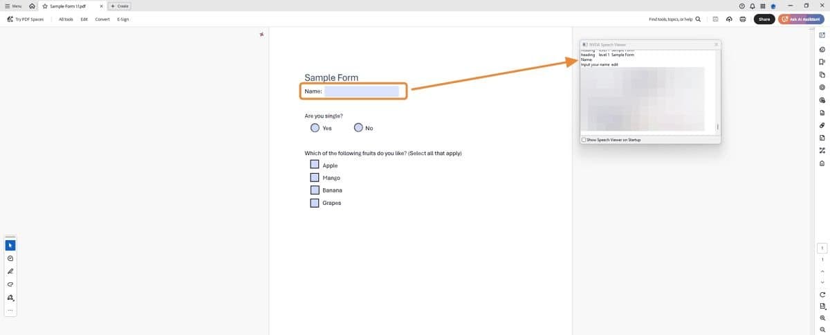 Row with 'Jane Doe' highlighted; NVDA output shows cells announced by column.