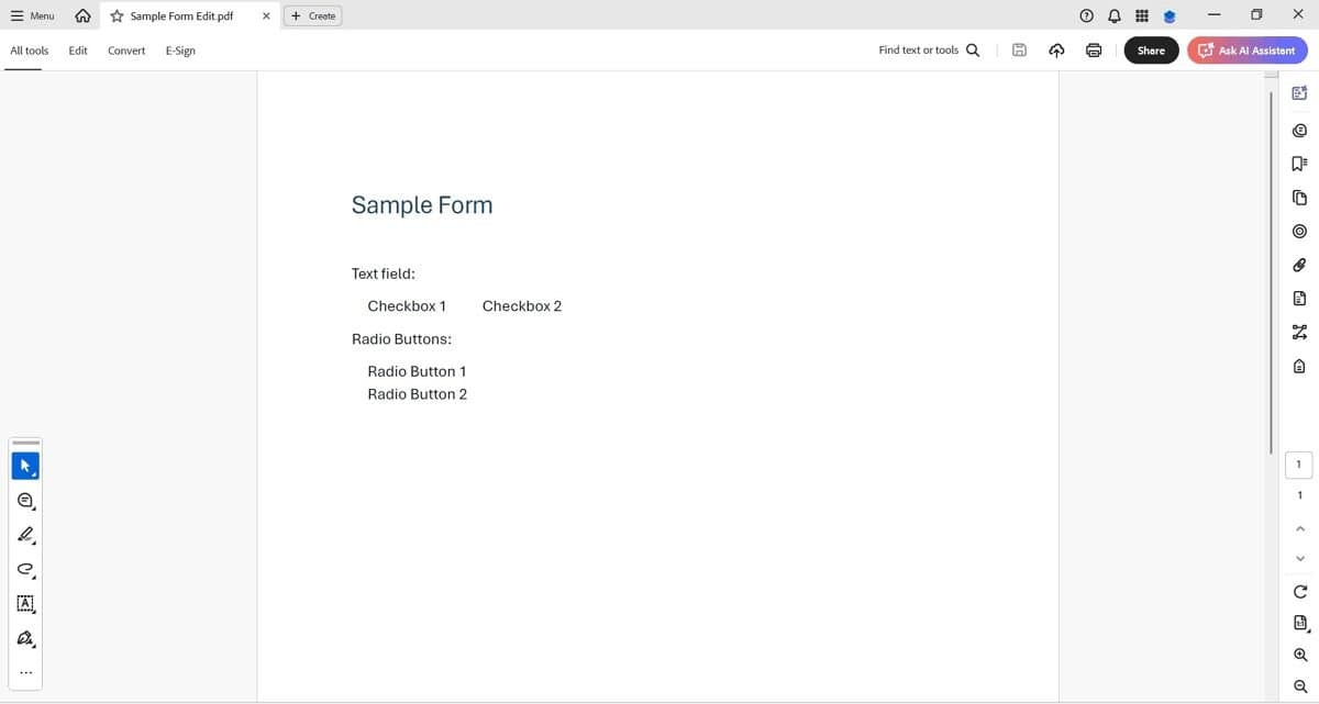 Screenshot of a sample PDF form titled &ldquo;Sample Form&rdquo; with placeholders for text field, checkboxes, and radio buttons.