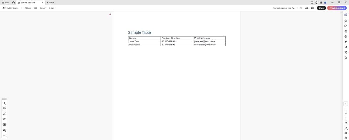 PDF with a sample table open and Pages panel visible.