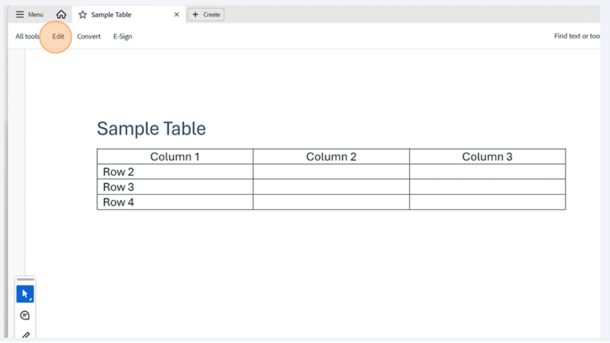 Adobe Acrobat Pro interface displaying the Edit tab with a sample table open, preparing a PDF table for accessibility remediation.