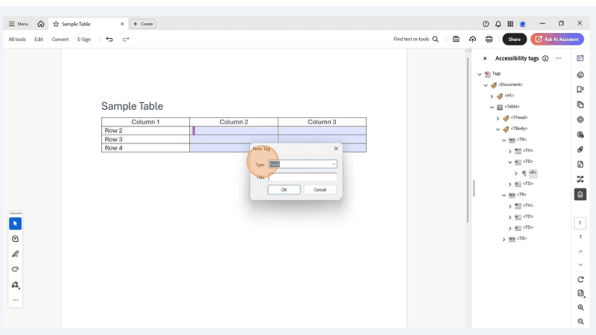 New Tag creation window in Adobe Acrobat Pro displaying Form tag being added to accessibility tag structure for proper PDF form field tagging.