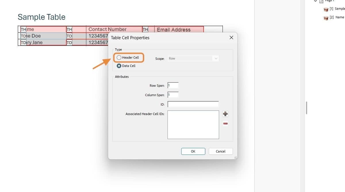 Table Cell Properties dialog with Header Cell selected.