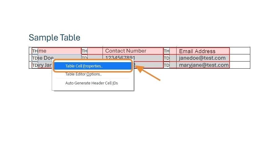 Context menu inside table with Table Cell Properties selected.