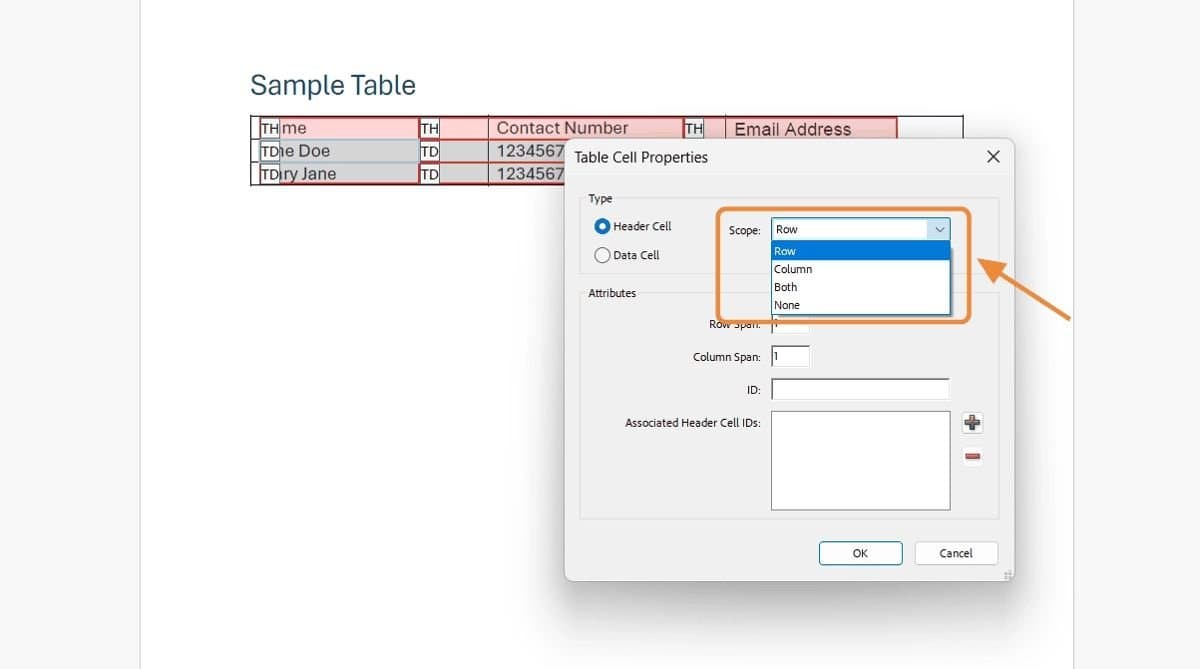 Adobe Acrobat Pro interface showing the Table Cell Properties window with the Scope menu expanded to Row, Column, Both, or None.