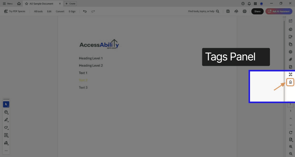 PDF showing heading tags and tag structure panel with H1 and H2.
