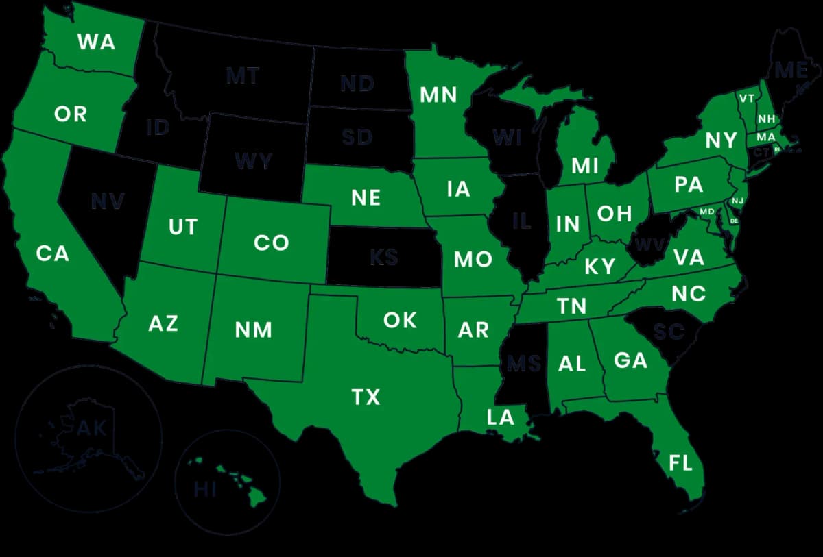 U.S. map highlighting in green the states where the Certified AccessAbility Tester (CAT) Program is available, including California, Texas, Florida, New York, and 33 other states.