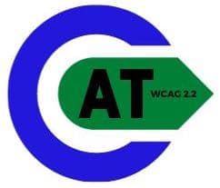 CAT WCAG 2.2 logo featuring a bold blue 'C' wrapping around a green right-pointing arrow with the text 'AT' in bold black letters. The text 'WCAG 2.2' appears in smaller black font on the green arrow.