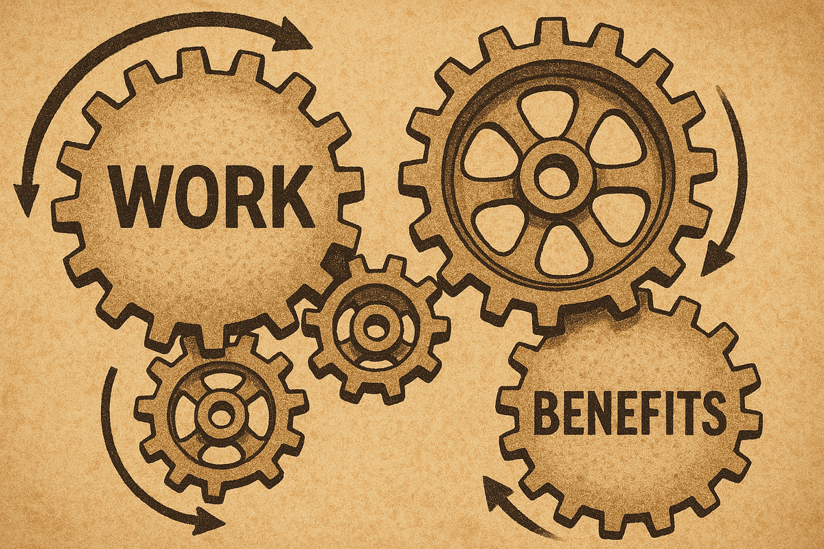 An Illustration of Gears Interlocking and Turning Smoothly, Representing a Well Functioning System Where Work and Benefits Can Coexist and Gradually Adjust.