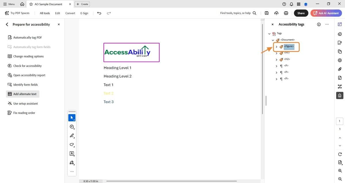 Adobe Acrobat workspace showing the AO logo outlined in purple. The Tags panel is open, with an orange arrow pointing to the <Figure> tag.