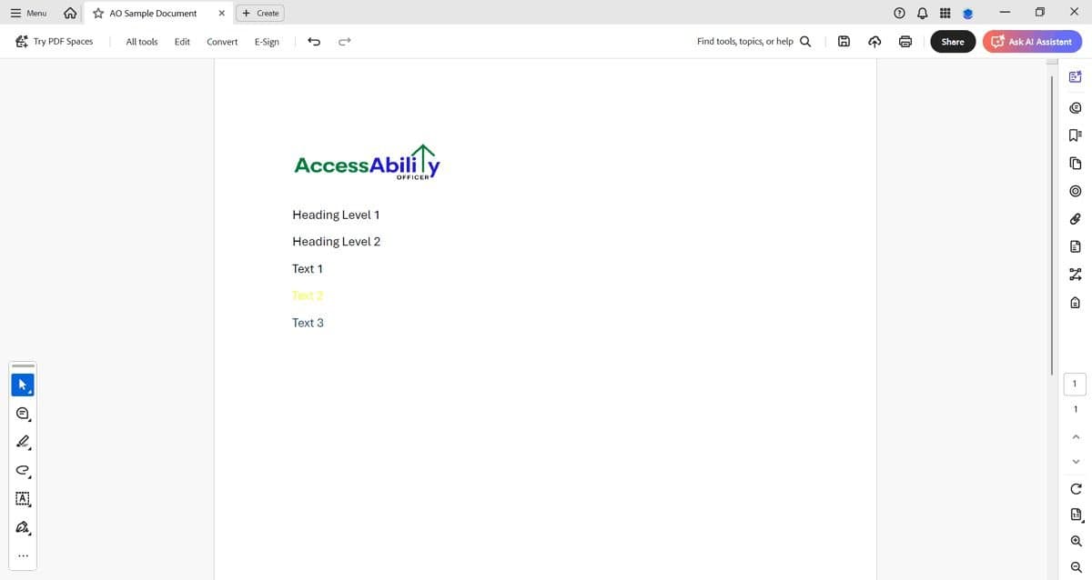 Screenshot of Adobe Acrobat with the menu expanded. Sample document with AccessAbility Officer logo and sample texts: Headings 1,2,3 and Texts 1 ,2 (in yellow font),3 (blue font)