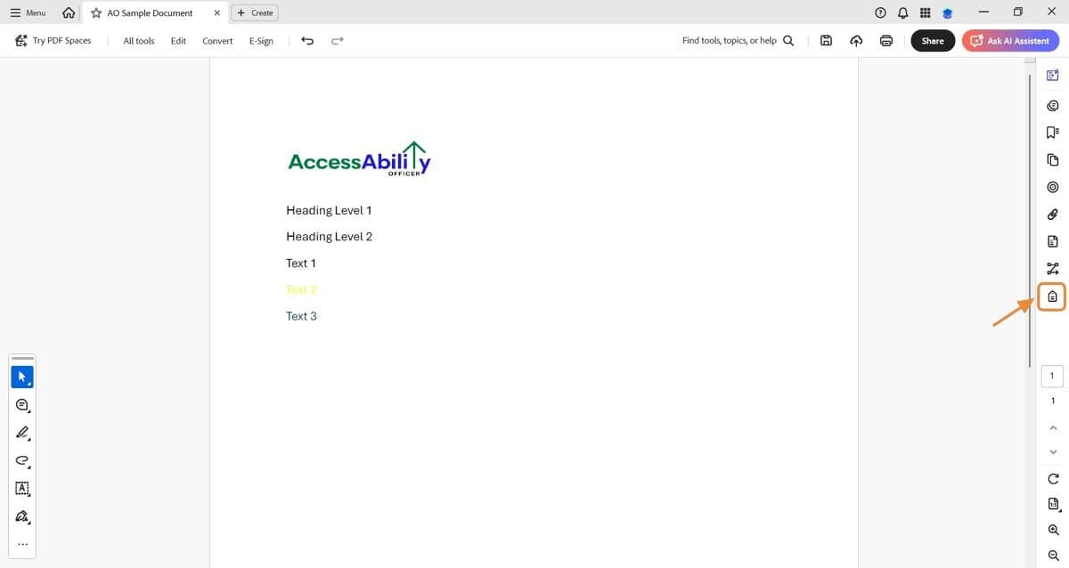 Adobe Acrobat Pro window showing a sample PDF with highlighted tag button on the right side.