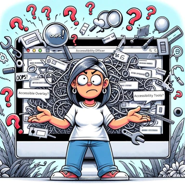 Funny Cartoon Image of Woman With No Light Perception Facing a Computer Screen With an Ineffective Accessibility Overlay 768x768