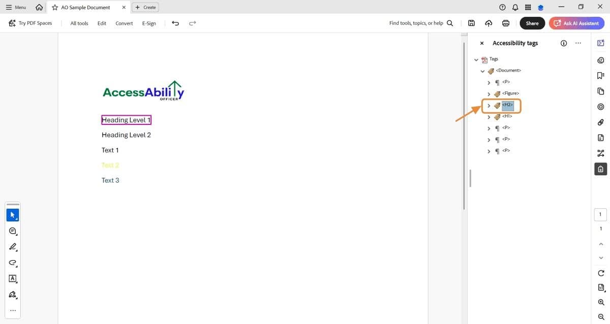 A sample PDF open in Adobe Acrobat Pro with text “Heading Level 1” highlighted in pink. The “New Tag” dialog box is visible, with “Heading Level 1” selected in the Type dropdown. An orange arrow highlights the Type field.