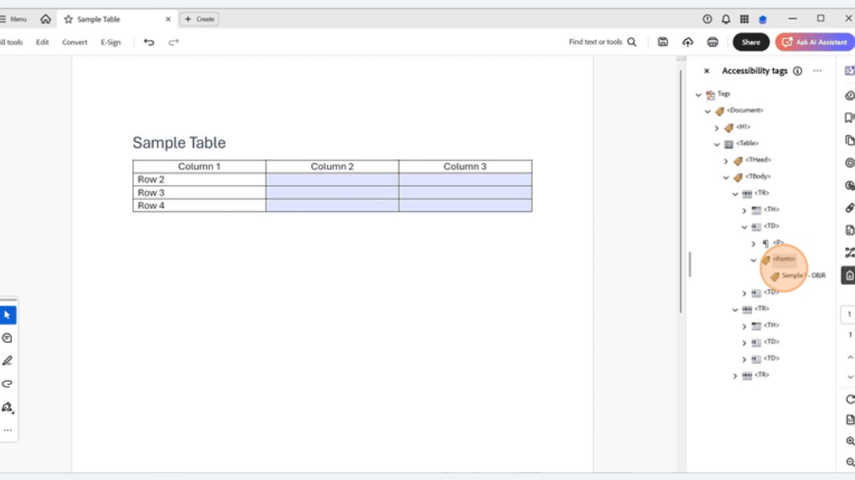 Adobe Acrobat Pro Tags panel showing form fields correctly tagged under the form structure inside a PDF table for screen reader accessibility.