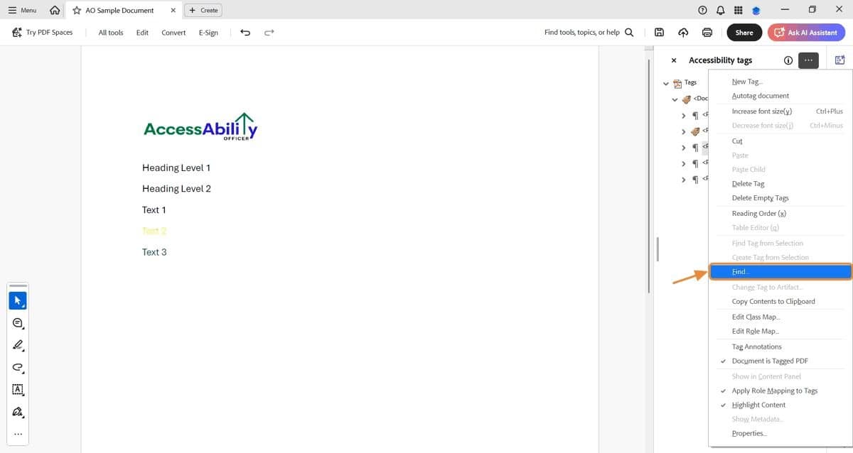 Accessibility Tags panel in Adobe Acrobat Pro open on the right-hand side. A dropdown menu is expanded with the option “Find…” highlighted in blue.