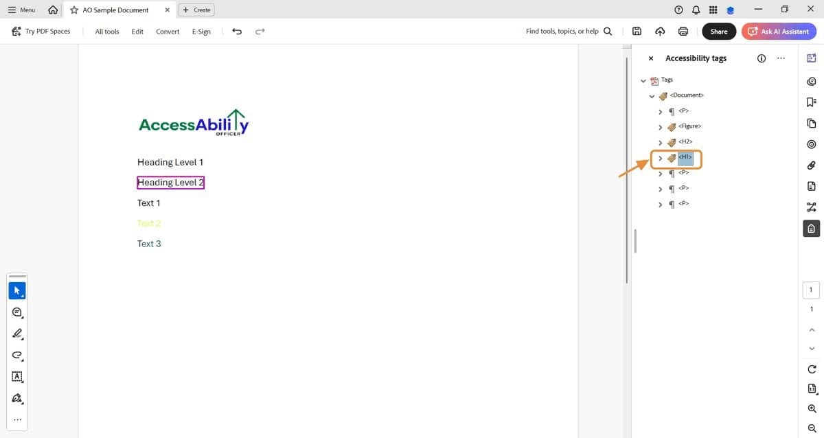 Screenshot of Adobe Acrobat Pro showing a sample PDF with “Heading Level 2” highlighted in pink. On the right, the Accessibility Tags panel is open, displaying the document’s tag structure. An orange arrow points to the <H1> tag, indicating how to check and verify heading tags are applied correctly in logical order.